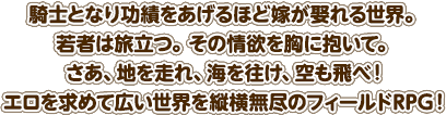 騎士となり功績をあげるほど嫁が娶れる世界。若者は旅立つ。その情欲を胸に抱いて。さあ、地を走れ、海を往け、空も飛べ！エロを求めて広い世界を縦横無尽のフィールドRPG！