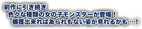 前作に引き続き色々な種類の女の子モンスターが登場！捕獲出来ればあられもない姿が見れるかも…！