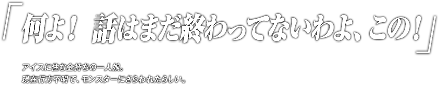 「何よ！ 話はまだ終わってないわよ、この！」アイスに住む金持ちの一人娘。現在行方不明で、モンスターにさらわれたらしい。